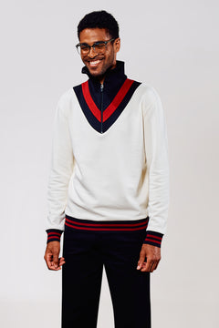 Zip Collar Sweater von OPEN ERA – Half-Zip mit schwarz-roten Streifen an Kragen und Bündchen – Produktfoto