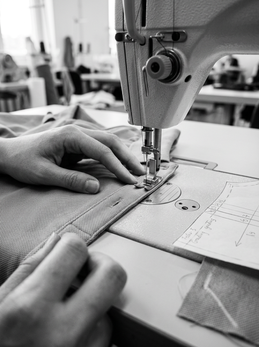 Hände nähen die Knopfleiste eines Piqué-Polos an der Industrienähmaschine – Symbolbild