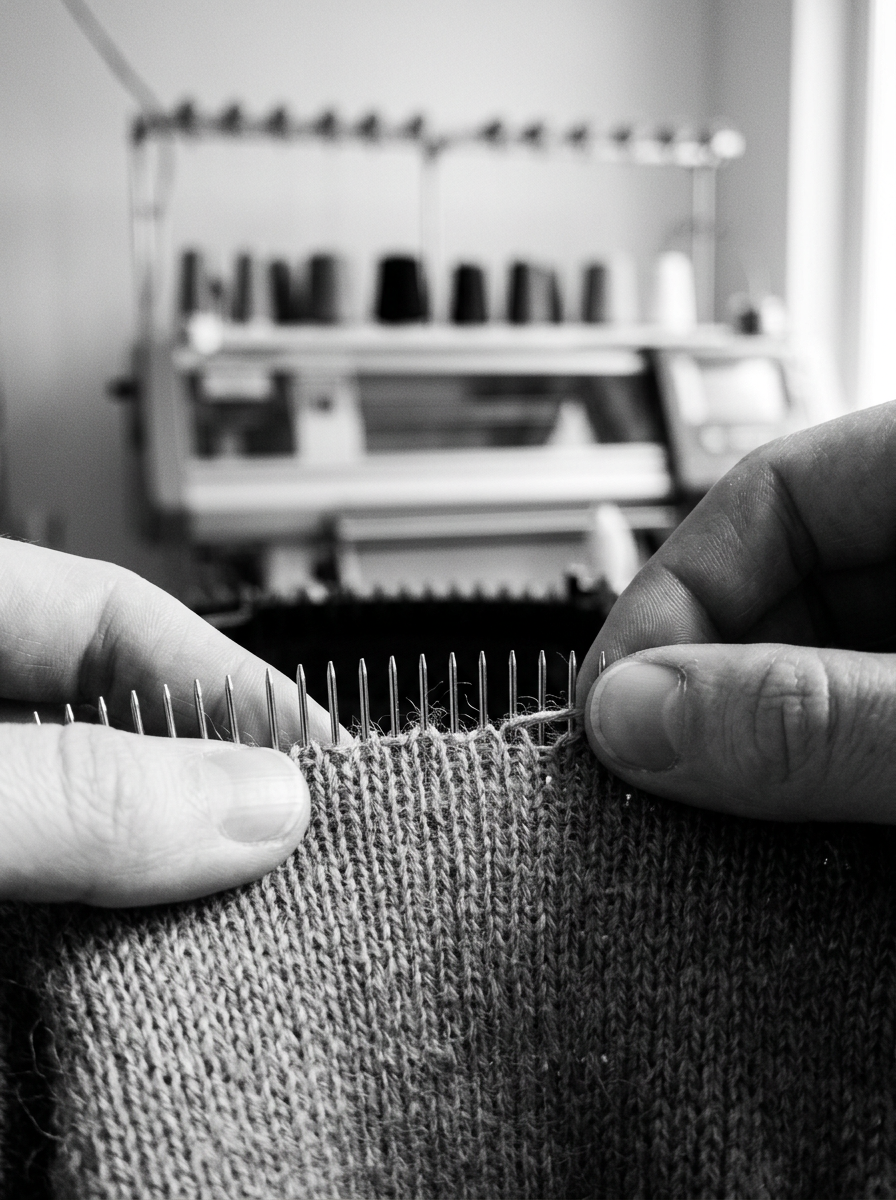 Hände ketteln die Maschen eines Strickpullovers auf die Nadeln einer Kettelmaschine – Symbolbild für unseren Strick aus Italien