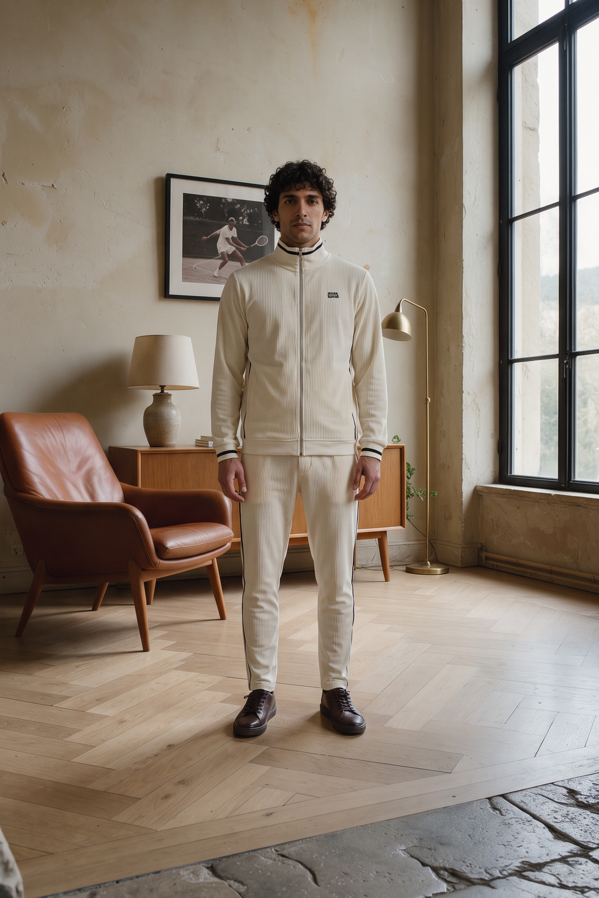 The Leisure Suit in Off-White von OPEN ERA: heller Freizeitanzug aus Velvet-Corduroy getragen – Kampagnenbild Herbst-Edit 2026