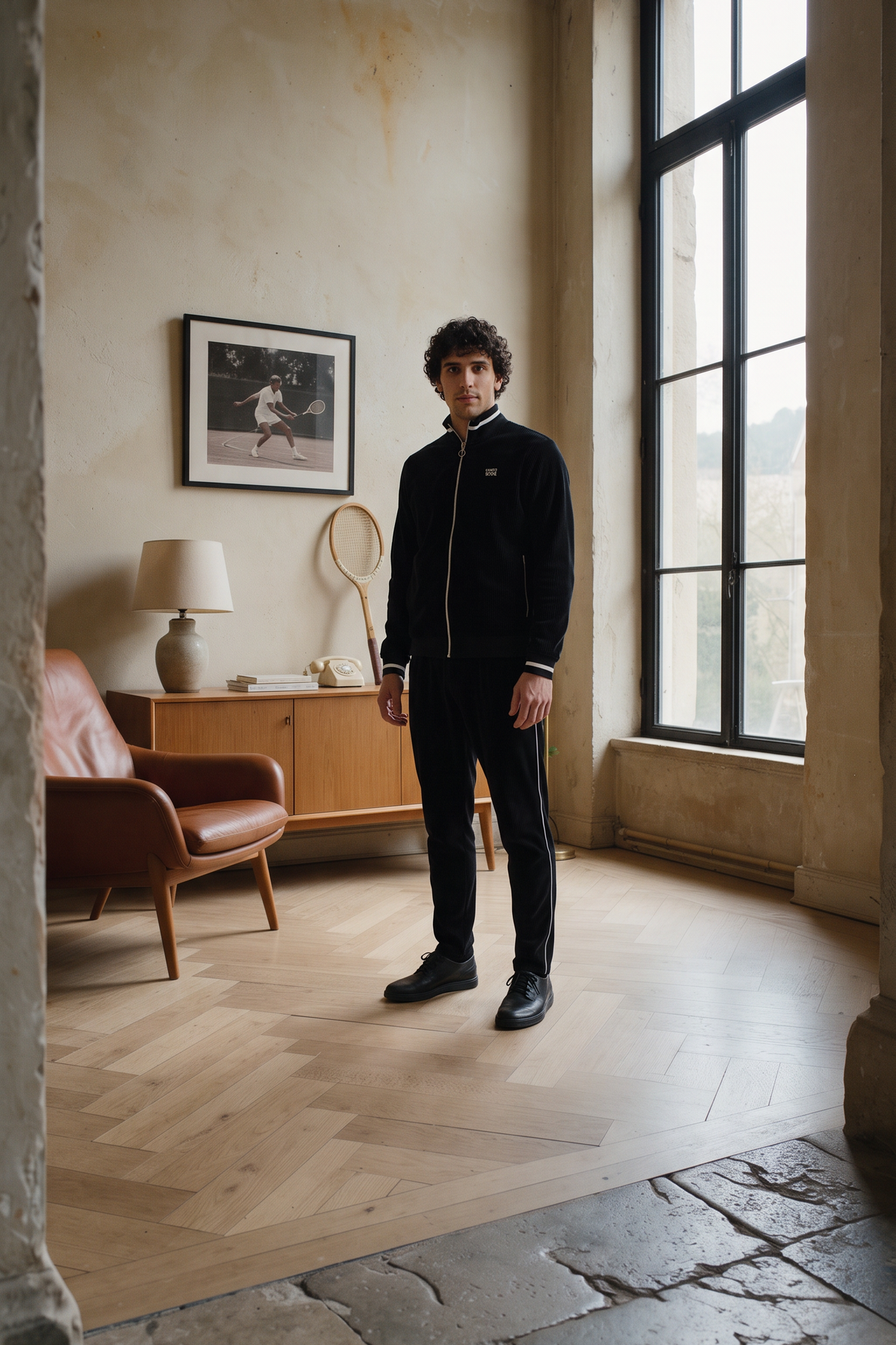 The Leisure Suit in Schwarz von OPEN ERA: Freizeitanzug aus Velvet-Corduroy getragen – Kampagnenbild Herbst-Edit 2026