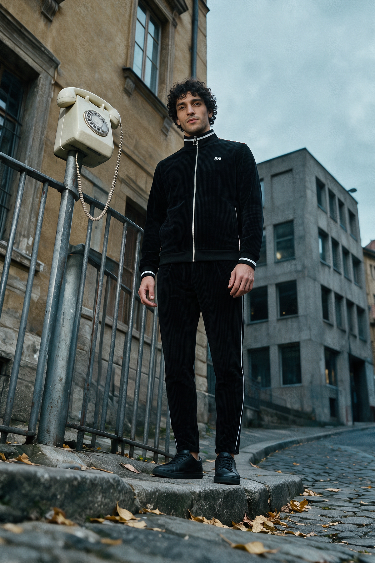 The Leisure Suit in Schwarz von OPEN ERA: schwarzer Cord-Anzug mit Velour-Haptik im Retro-Look – Kampagnenbild Herbst-Edit 2026