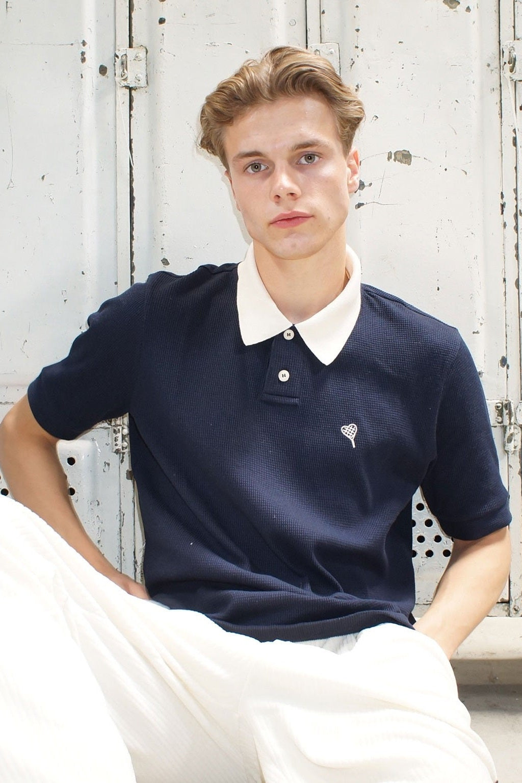 Oversized Retro-Polo von OPEN ERA aus Waffel-Piqué mit Stickerei – Produktfoto